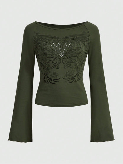 ROMWE Fairycore Camiseta con estampado de corazón & de ala