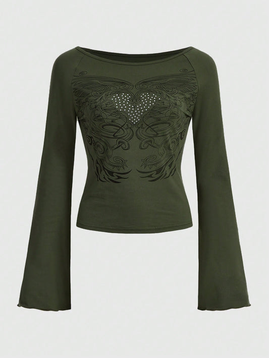 ROMWE Fairycore Camiseta con estampado de corazón & de ala