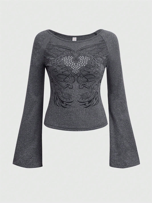 ROMWE Fairycore Camiseta con estampado de corazón de manga con volante