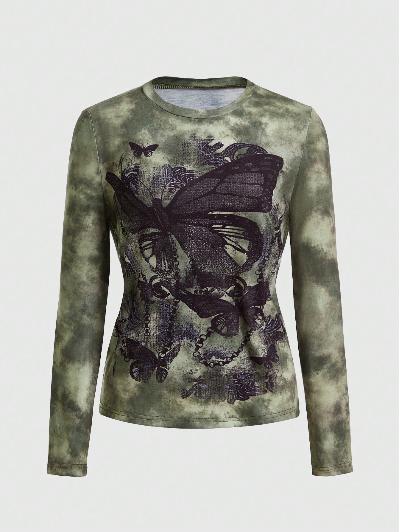 ROMWE Fairycore Camiseta de manga larga ajustada con estampado de mariposa de efecto tie-dye para mujer, otoño