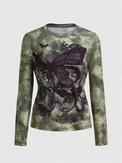 ROMWE Fairycore Camiseta de manga larga ajustada con estampado de mariposa de efecto tie-dye para mujer, otoño