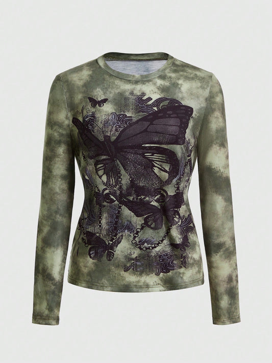 ROMWE Fairycore Camiseta de manga larga ajustada con estampado de mariposa de efecto tie-dye para mujer, otoño
