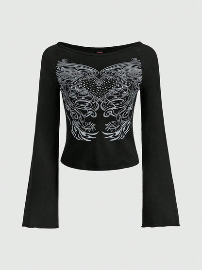 ROMWE Fairycore Camisetas de Mujer Diamante de imitación Gráfico Casual