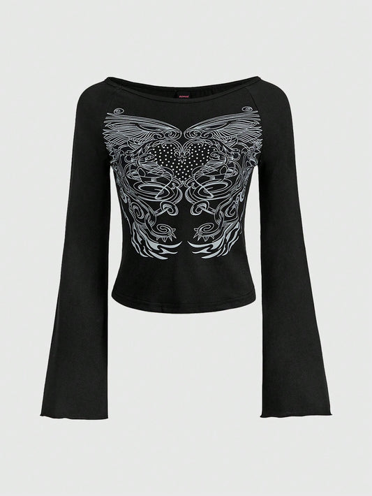 ROMWE Fairycore Camisetas de Mujer Diamante de imitación Gráfico Casual