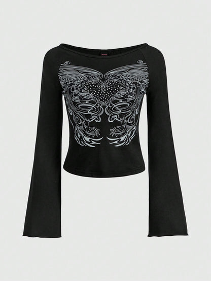 ROMWE Fairycore Camisetas de Mujer Diamante de imitación Gráfico Casual