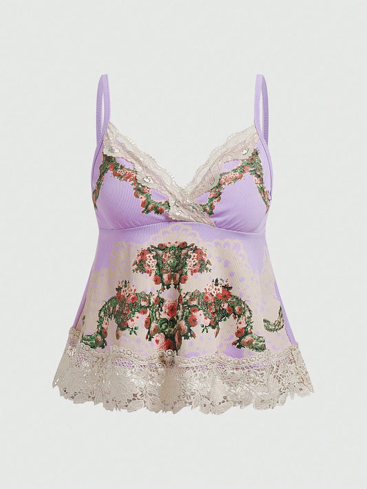 ROMWE Fairycore Camisola De Encaje De Patchwork Estampado Floral Para Mujer