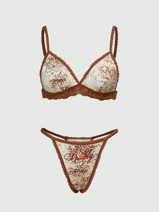 ROMWE Fairycore Conjunto de lencería inalámbrica con estampado de animal de ciervo de jardín de hadas, encaje y patchwork para mujeres