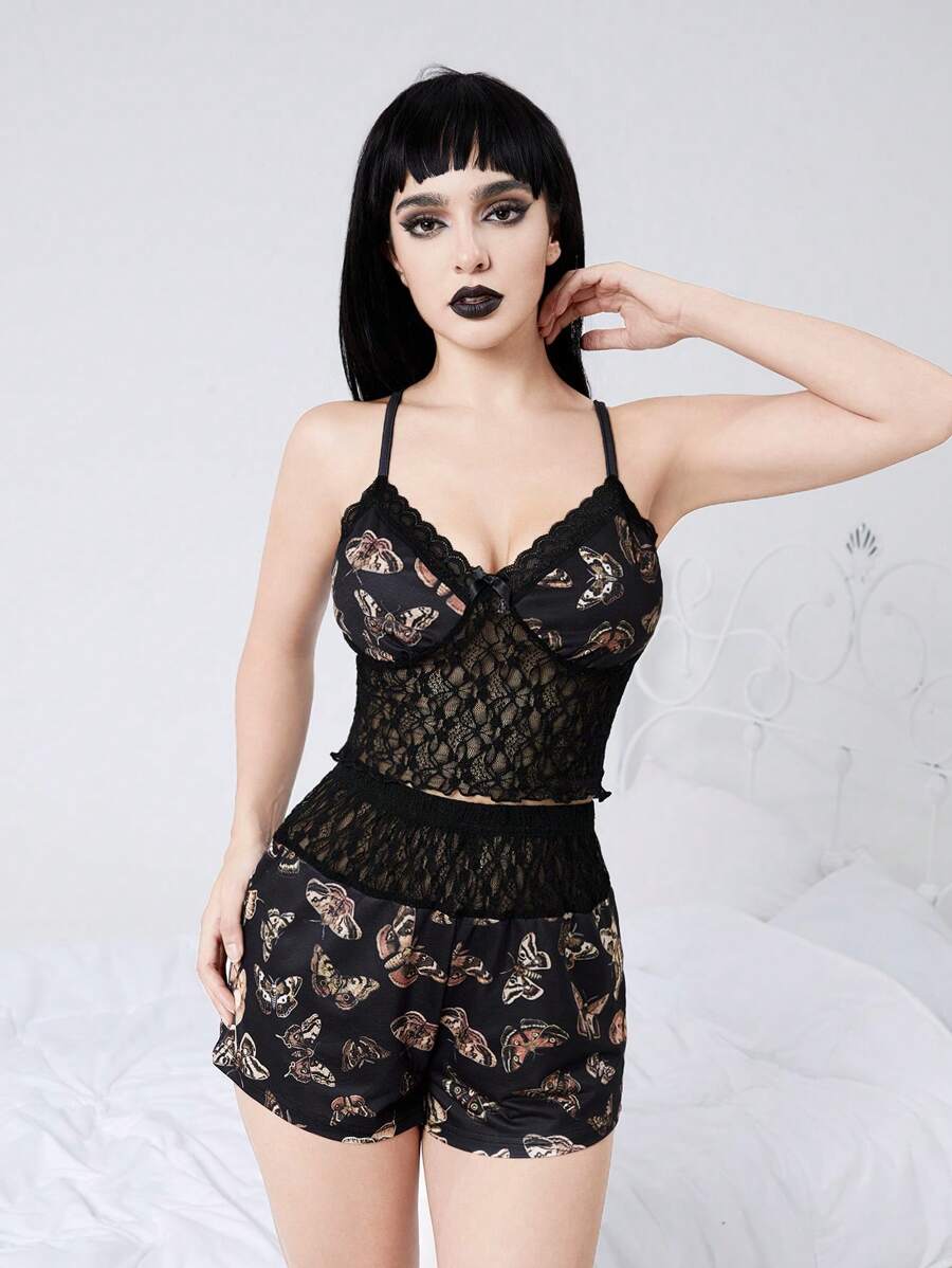 ROMWE Fairycore Conjunto de pijama con cami y shorts con estampado de mariposas y encaje contrastante
