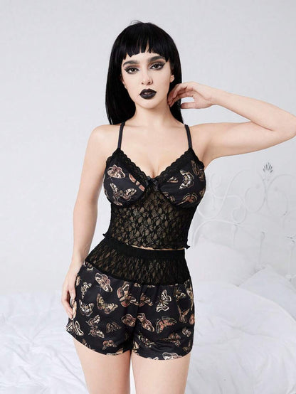 ROMWE Fairycore Conjunto de pijama con cami y shorts con estampado de mariposas y encaje contrastante