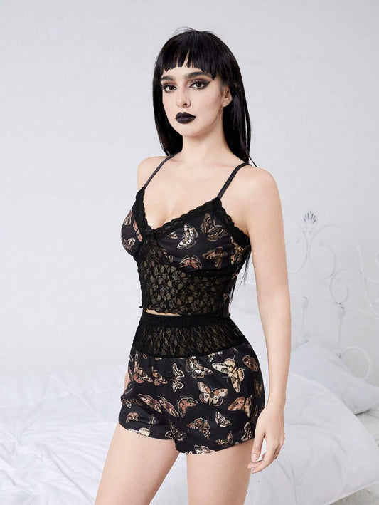 ROMWE Fairycore Conjunto de pijama con cami y shorts con estampado de mariposas y encaje contrastante