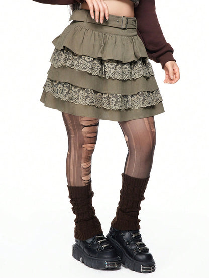 ROMWE Fairycore Falda con volantes y adorno de encaje en estilo 'Fairycore' para mujeres