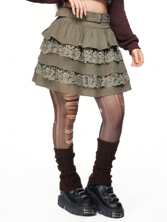 ROMWE Fairycore Falda con volantes y adorno de encaje en estilo 'Fairycore' para mujeres