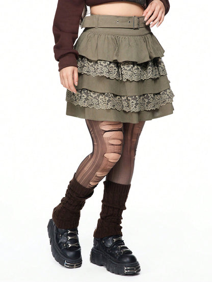 ROMWE Fairycore Falda con volantes y adorno de encaje en estilo 'Fairycore' para mujeres
