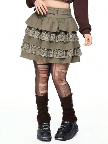 ROMWE Fairycore Falda con volantes y adorno de encaje en estilo 'Fairycore' para mujeres