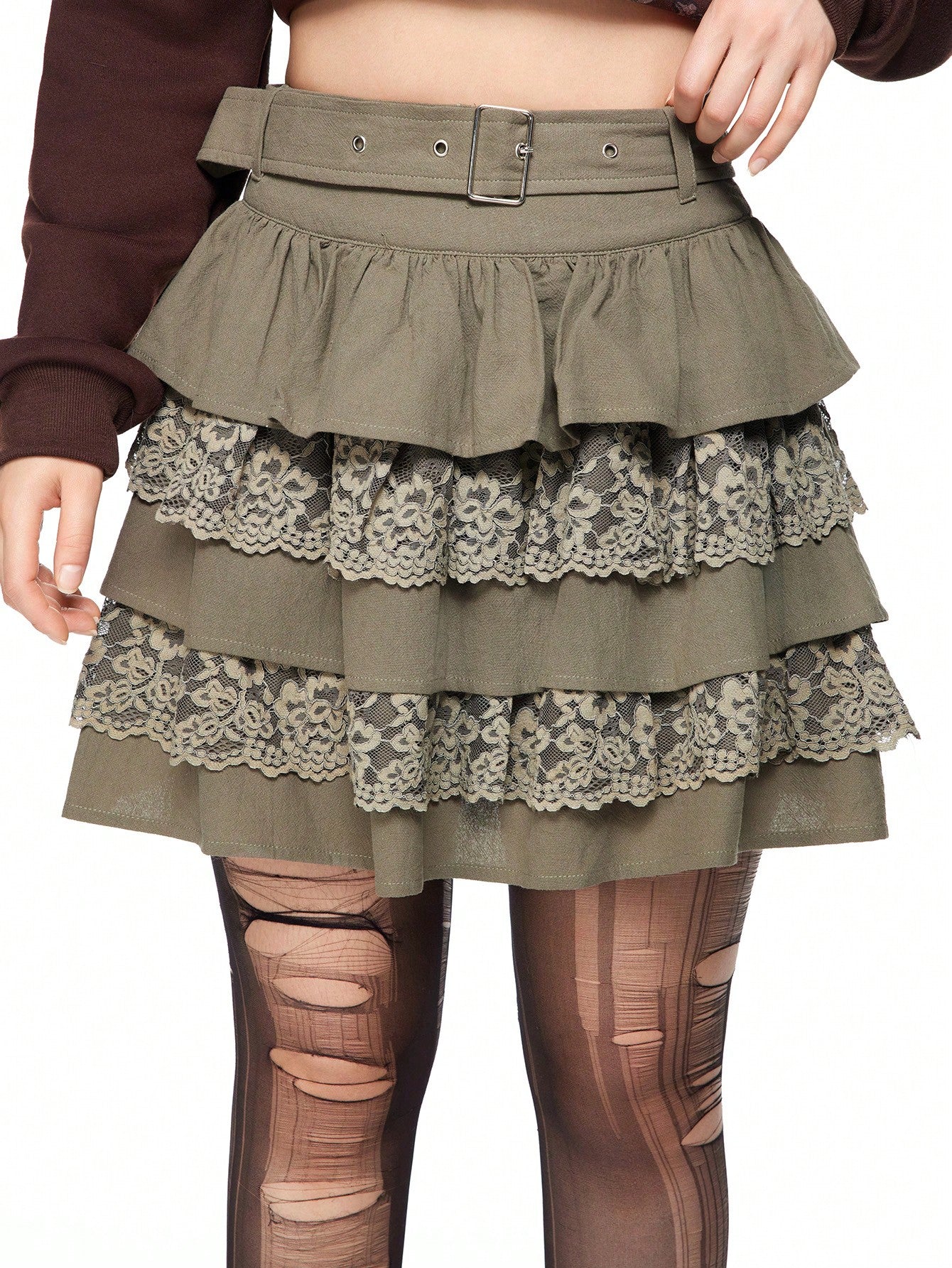 ROMWE Fairycore Falda con volantes y adorno de encaje en estilo 'Fairycore' para mujeres