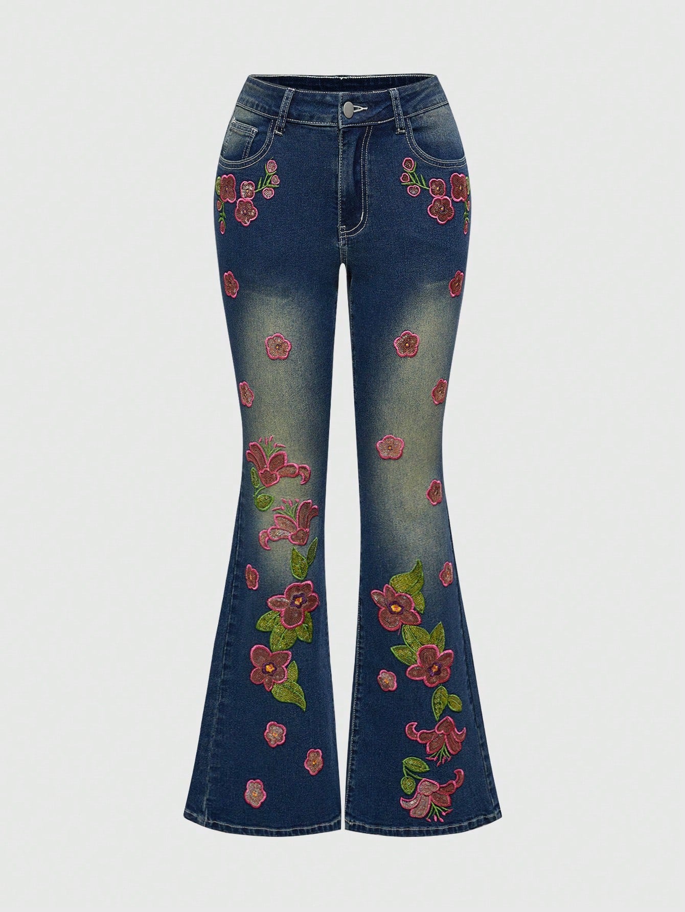 ROMWE Fairycore Jeans casuales versátiles de mezclilla con pierna campana y bolsillo con bordado floral para mujer