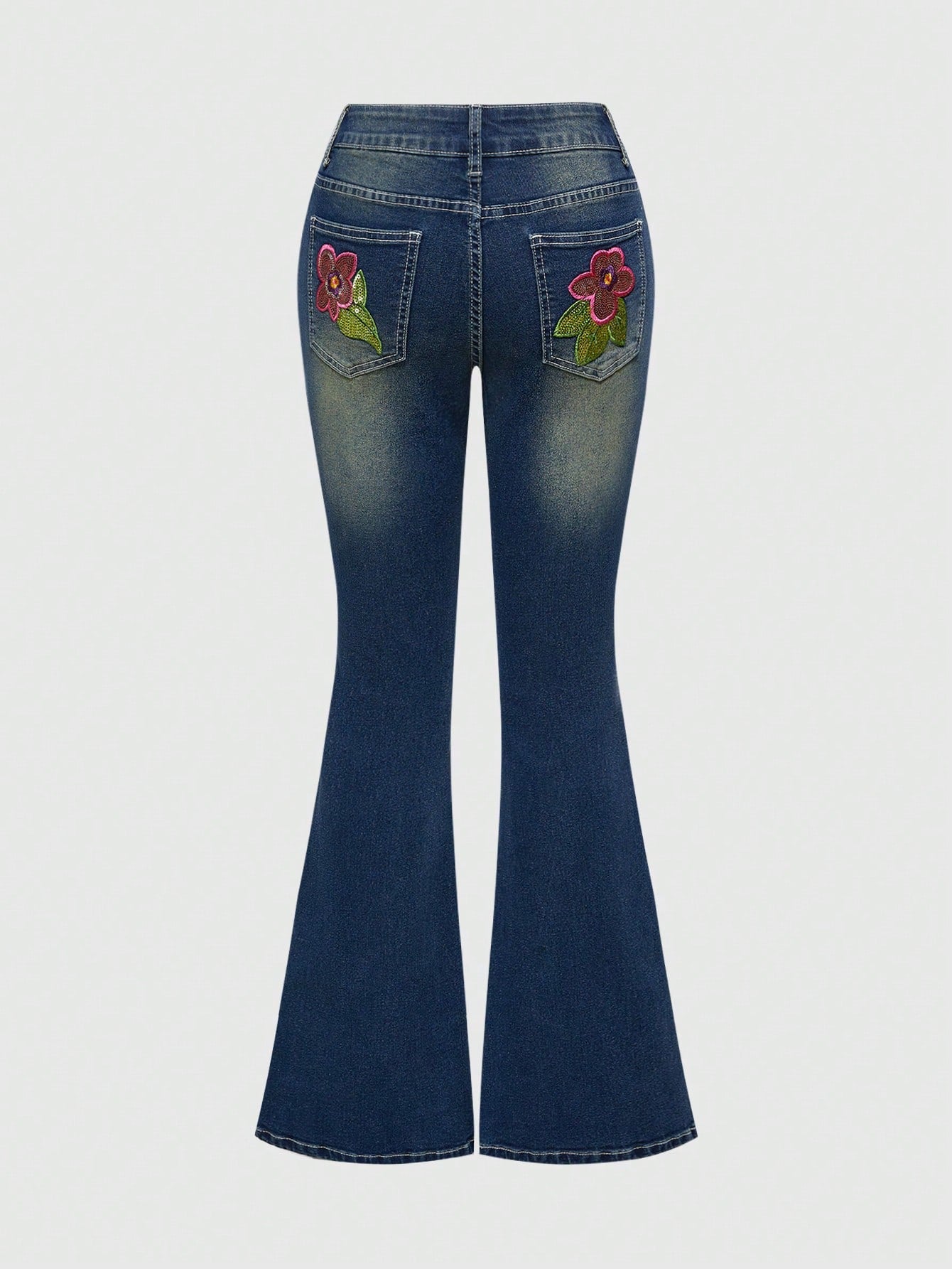 ROMWE Fairycore Jeans casuales versátiles de mezclilla con pierna campana y bolsillo con bordado floral para mujer