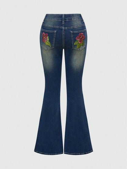 ROMWE Fairycore Jeans casuales versátiles de mezclilla con pierna campana y bolsillo con bordado floral para mujer