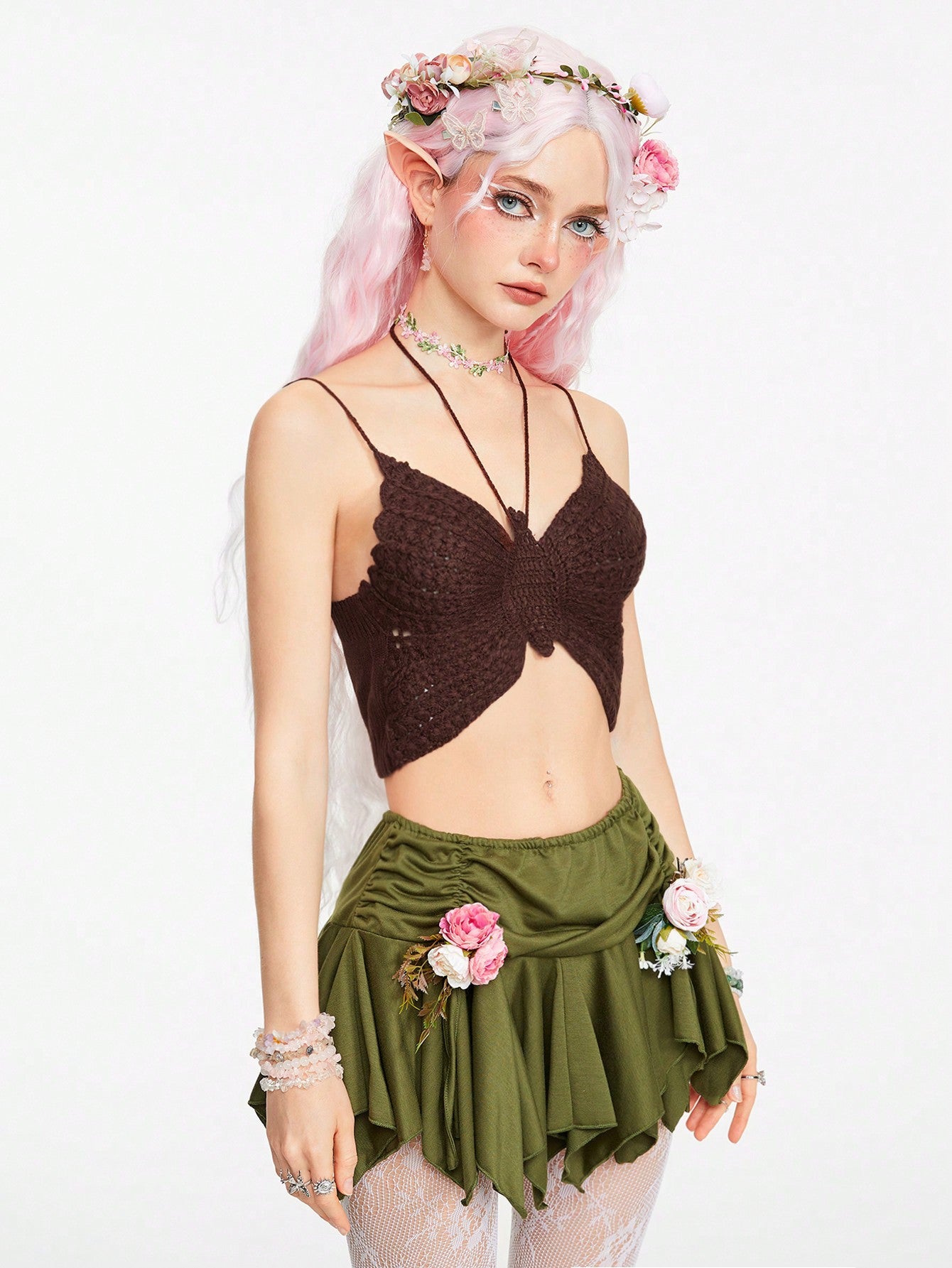 ROMWE Fairycore Jersey de punto con bordado de mariposas marrones de estilo de cuento de hadas para mujeres
