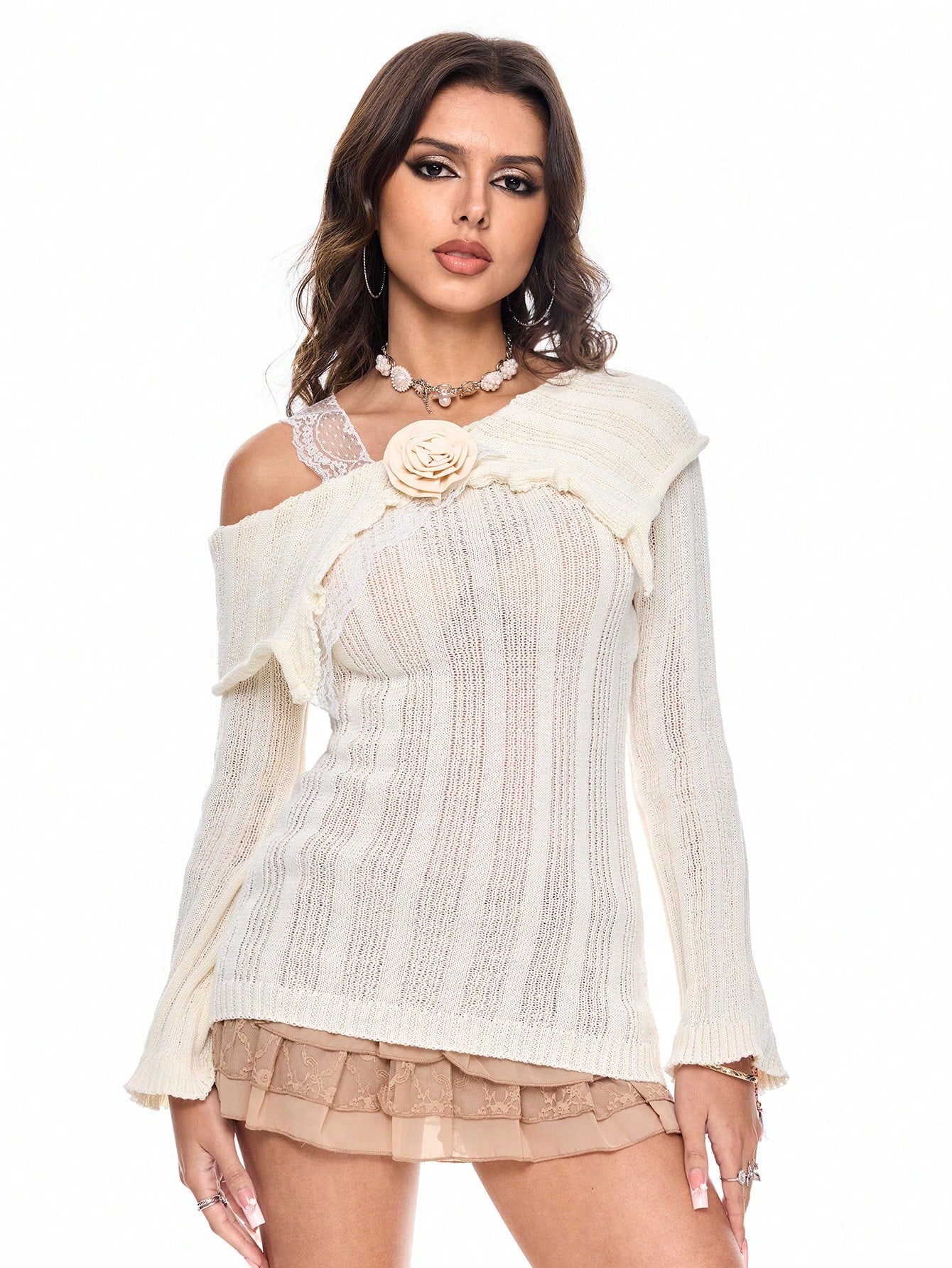ROMWE Fairycore Jersey holgado transparente con mangas ajustadas de campana, cuello asimétrico y parches de encaje con estilo retro Y2K para mujer