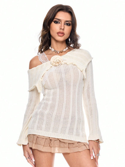 ROMWE Fairycore Jersey holgado transparente con mangas ajustadas de campana, cuello asimétrico y parches de encaje con estilo retro Y2K para mujer