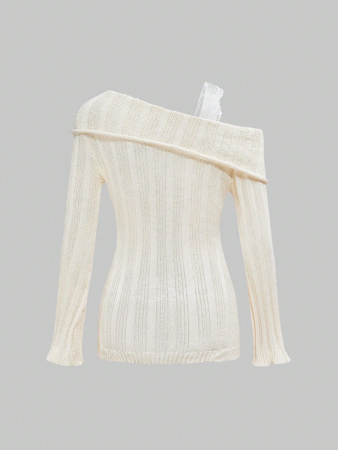 ROMWE Fairycore Jersey holgado transparente con mangas ajustadas de campana, cuello asimétrico y parches de encaje con estilo retro Y2K para mujer