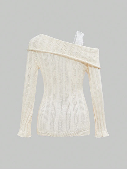 ROMWE Fairycore Jersey holgado transparente con mangas ajustadas de campana, cuello asimétrico y parches de encaje con estilo retro Y2K para mujer