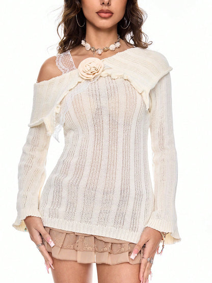 ROMWE Fairycore Jersey holgado transparente con mangas ajustadas de campana, cuello asimétrico y parches de encaje con estilo retro Y2K para mujer