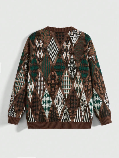 ROMWE Fairycore Jersey informal de cuello redondo de manga larga con patrón geométrico para mujer tipo hippie, adecuado para otoño/invierno