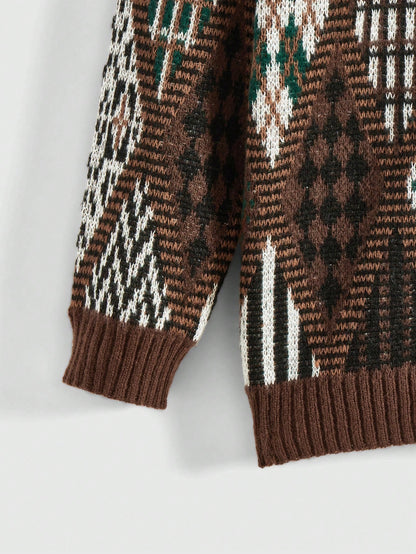 ROMWE Fairycore Jersey informal de cuello redondo de manga larga con patrón geométrico para mujer tipo hippie, adecuado para otoño/invierno