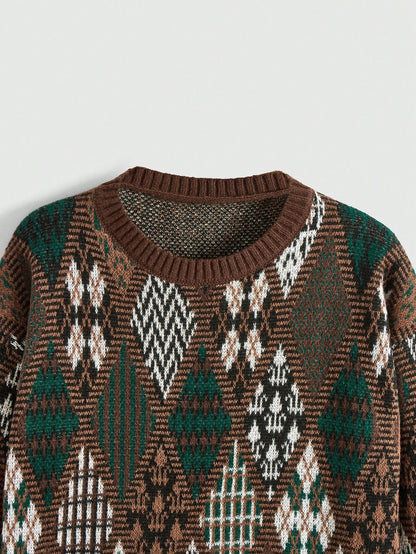 ROMWE Fairycore Jersey informal de cuello redondo de manga larga con patrón geométrico para mujer tipo hippie, adecuado para otoño/invierno