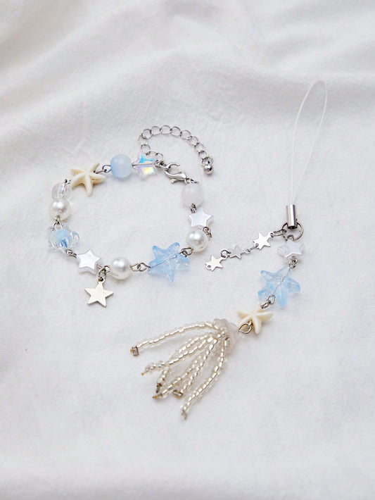 ROMWE Fairycore Set de 2 piezas de joyería inspirada en el océano en color azul claro, pulsera de estrella de mar y llavero con borlas de cristal, accesorios versátiles para mujeres