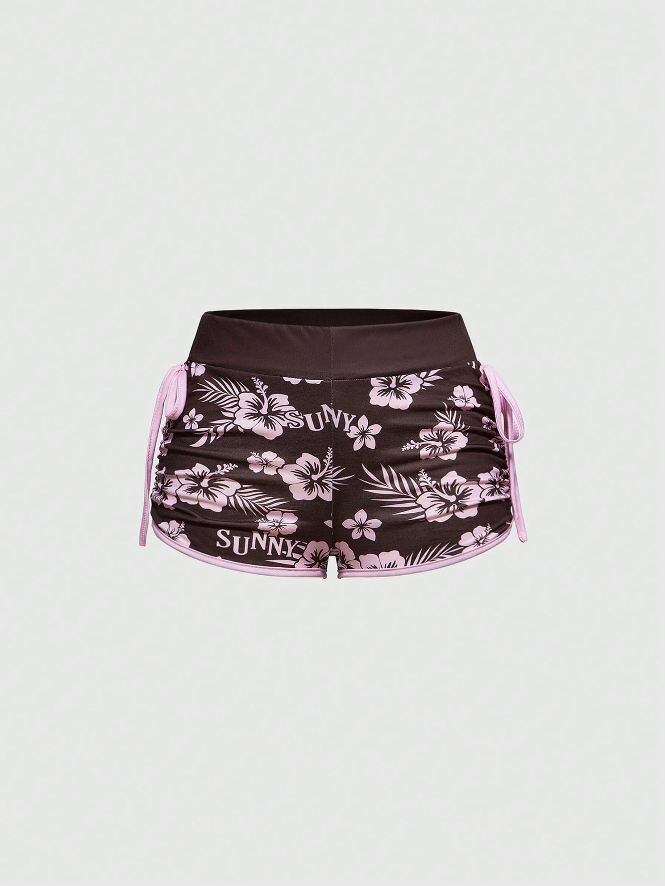 ROMWE Fairycore Shorts mini con bordado en inglés y estampado floral de hibiscos en todo el diseño para estilo Y2K vacacional