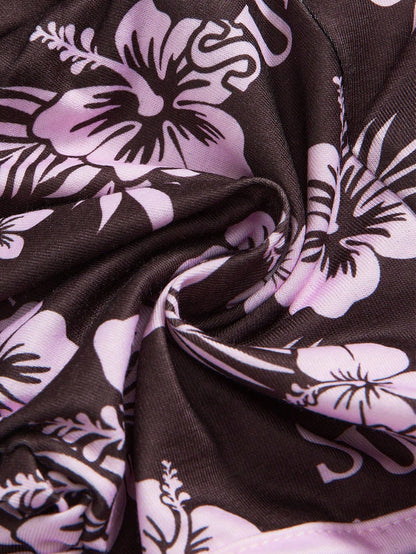 ROMWE Fairycore Shorts mini con bordado en inglés y estampado floral de hibiscos en todo el diseño para estilo Y2K vacacional