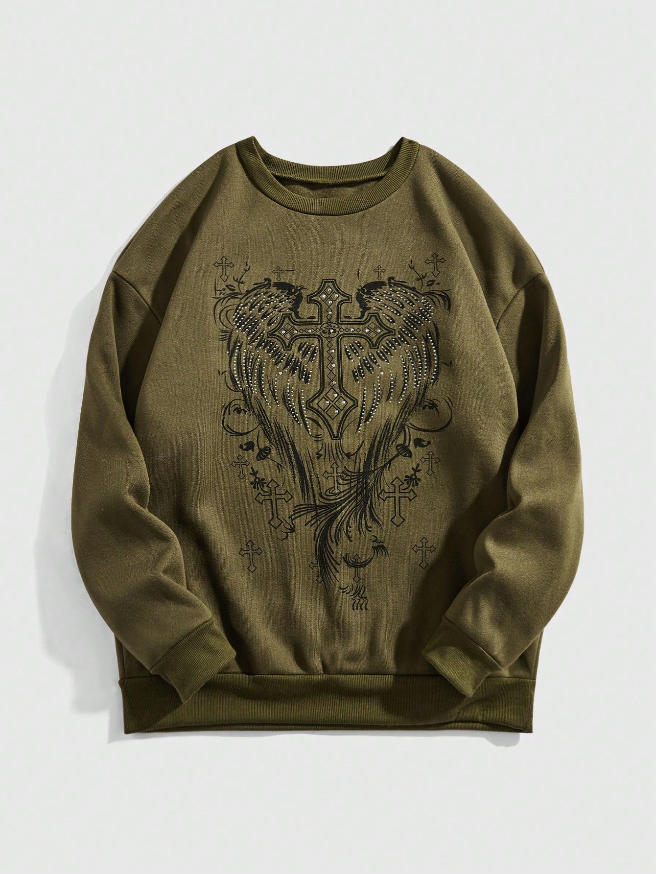 ROMWE Fairycore Sudadera de cuello redondo de manga larga gruesa con adornos de cristales con estampado de alas