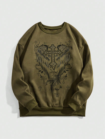 ROMWE Fairycore Sudadera de cuello redondo de manga larga gruesa con adornos de cristales con estampado de alas
