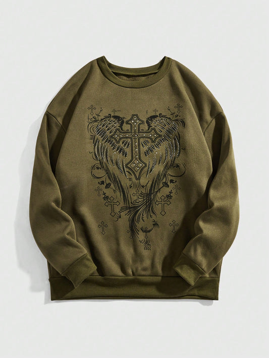 ROMWE Fairycore Sudadera de cuello redondo de manga larga gruesa con adornos de cristales con estampado de alas