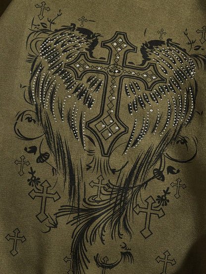 ROMWE Fairycore Sudadera de cuello redondo de manga larga gruesa con adornos de cristales con estampado de alas