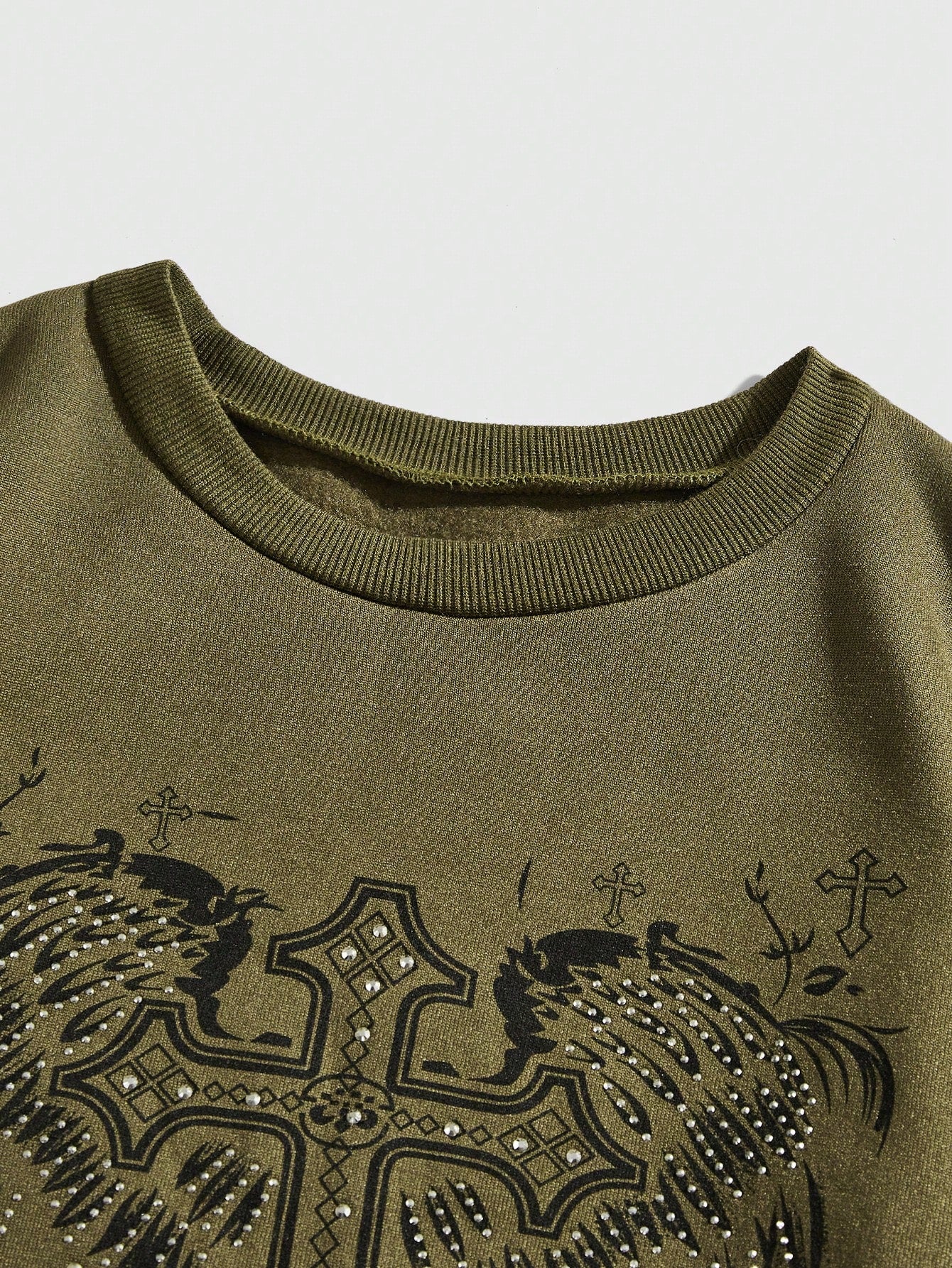 ROMWE Fairycore Sudadera de cuello redondo de manga larga gruesa con adornos de cristales con estampado de alas