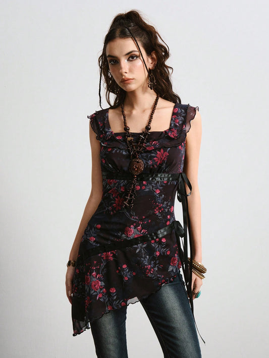 ROMWE Fairycore Top con tirantes anchos y estampado floral asimétrico vintage para mujeres