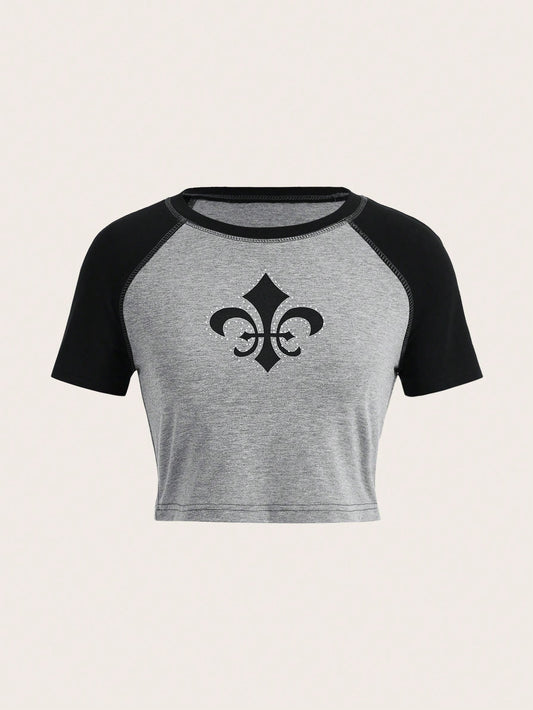 ROMWE Fairycore Top corto para mujer con parches de bloques de colores, hombreras, estampado geométrico y pedrería para el verano
