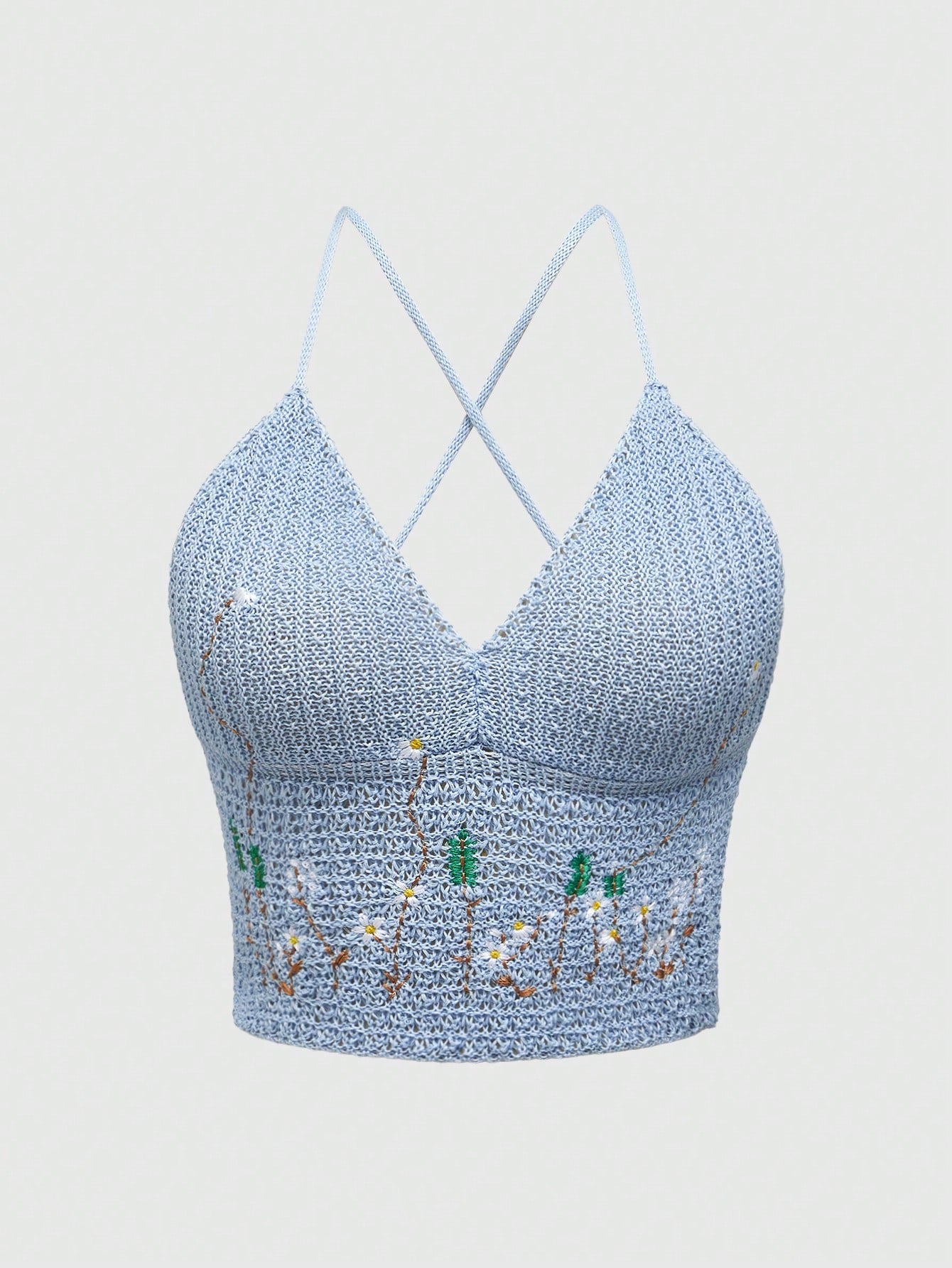 ROMWE Fairycore Top de punto de verano con cuello en V, tirantes cruzados, croché y bordado floral de primavera para mujer