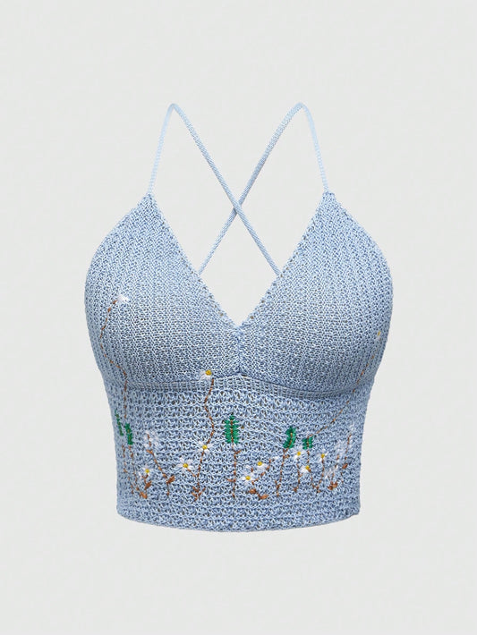 ROMWE Fairycore Top de punto de verano con cuello en V, tirantes cruzados, croché y bordado floral de primavera para mujer