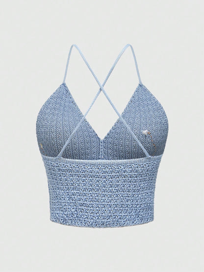 ROMWE Fairycore Top de punto de verano con cuello en V, tirantes cruzados, croché y bordado floral de primavera para mujer