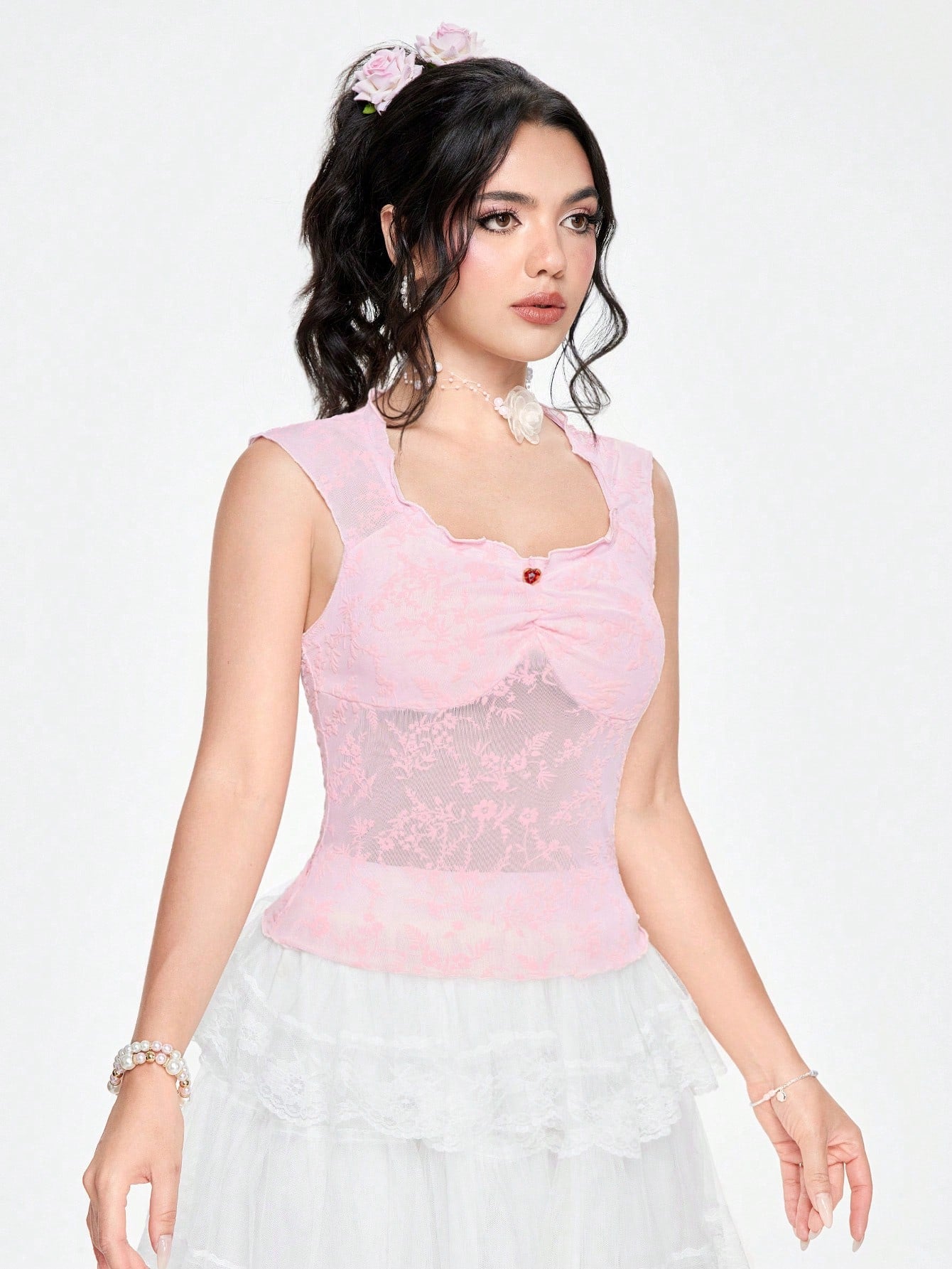 ROMWE Fairycore Top de tanque de encaje floral para verano