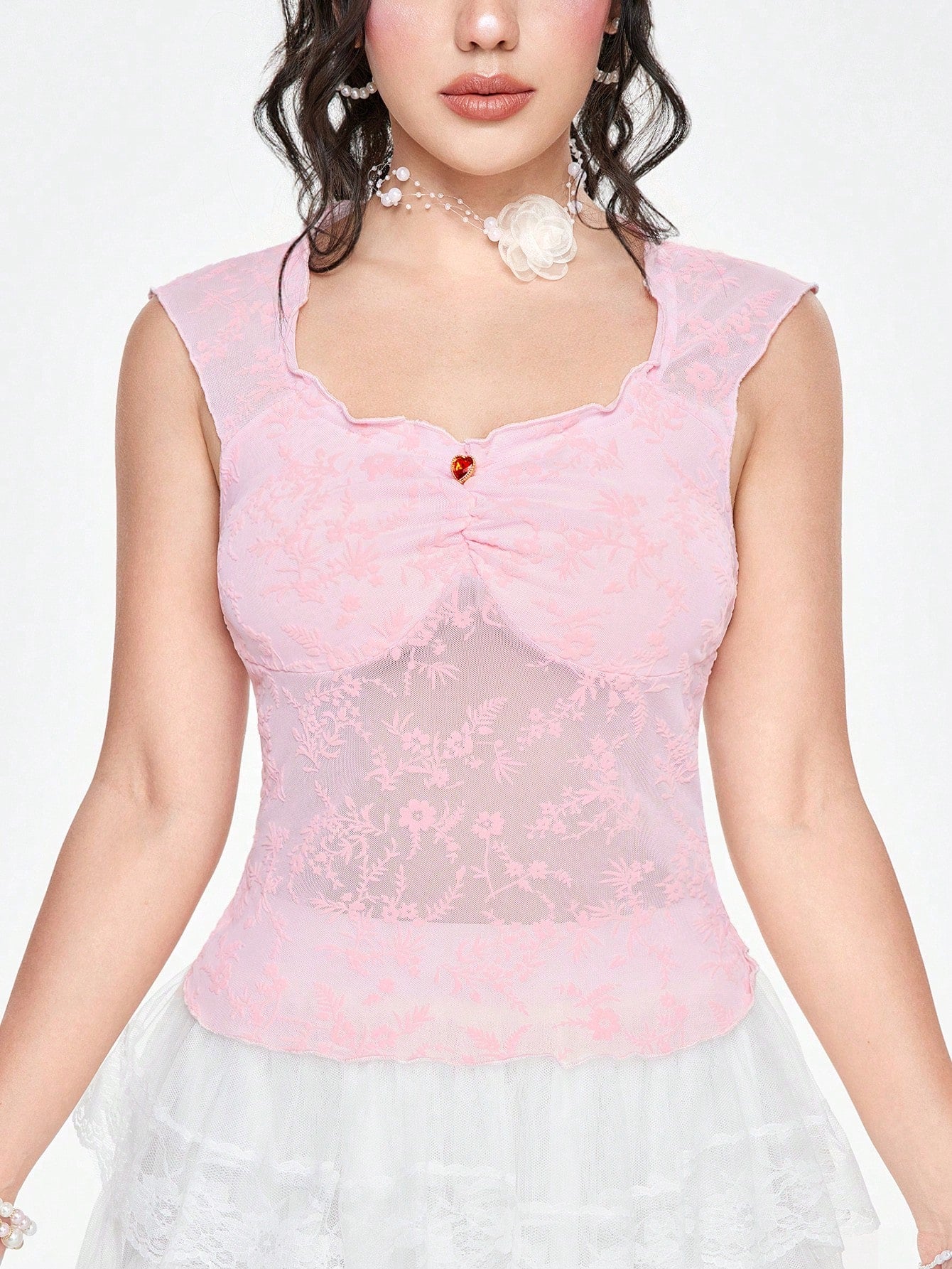 ROMWE Fairycore Top de tanque de encaje floral para verano