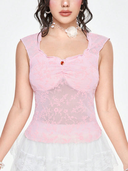 ROMWE Fairycore Top de tanque de encaje floral para verano