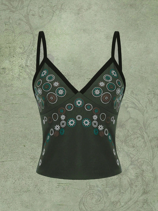 ROMWE Fairycore Top de tirantes con estampado floral de moda con elementos retro hippie para mujer
