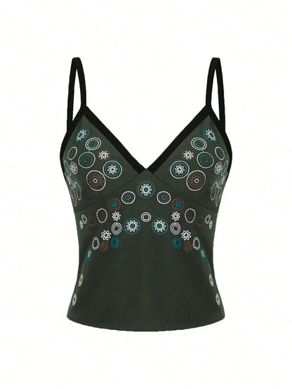 ROMWE Fairycore Top de tirantes con estampado floral de moda con elementos retro hippie para mujer