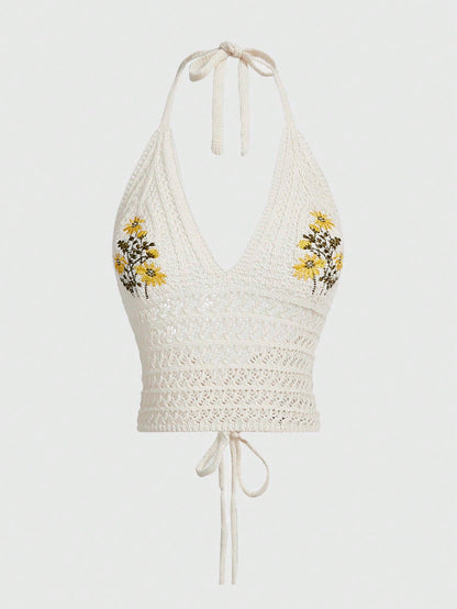 ROMWE Fairycore Top de verano halter de ganchillo con bordado de margaritas para playa